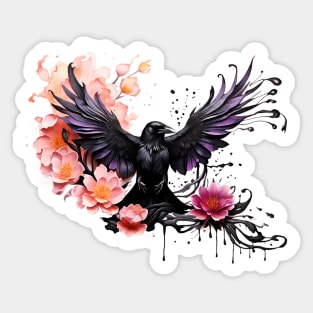 Raven and lotus flowers - Ink dripping effect Sticker